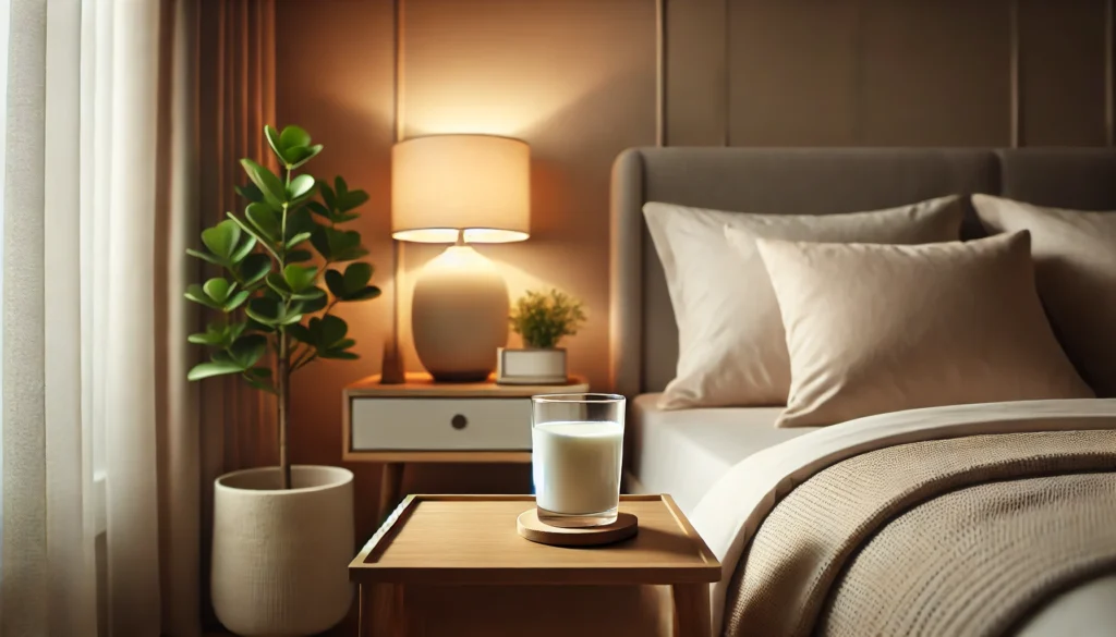 A serene bedroom with a glass of warm milk on a bedside table, featuring soft lighting, neutral decor, a neatly made bed, fluffy pillows, and a small potted plant creating a relaxing ambiance.