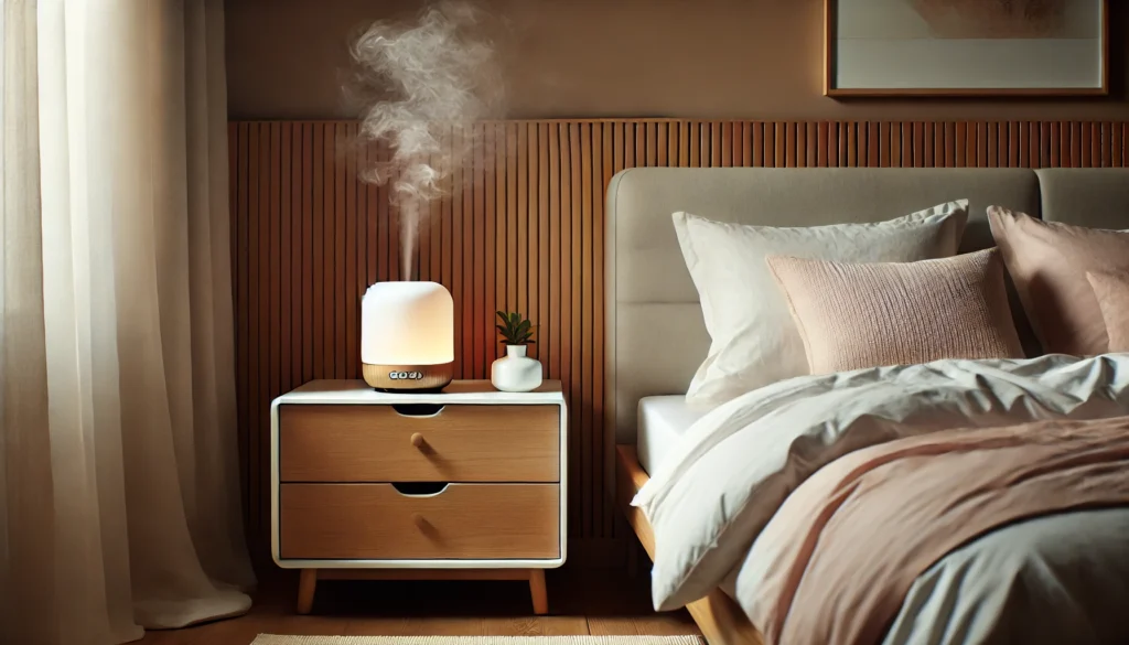 A serene, modern bedroom with a minimalist design, showcasing a sleek aromatherapy diffuser emitting soft mist, placed on a wooden nightstand next to a cozy bed with white and pastel bedding. The room is softly lit, exuding a tranquil atmosphere perfect for relaxation and sleep.