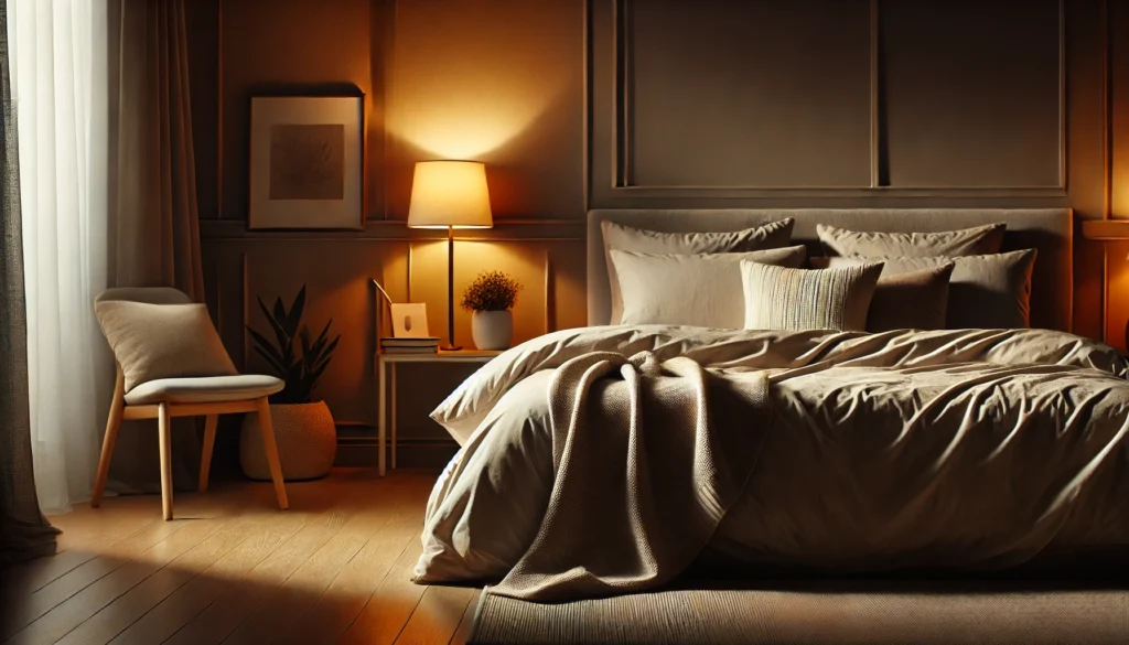 A tranquil bedroom at night featuring a plush bed with soft linens and a cozy blanket. Warm ambient lighting from a bedside lamp complements minimalist decor, including a small plant and a wooden nightstand, creating an environment ideal for deep sleep.