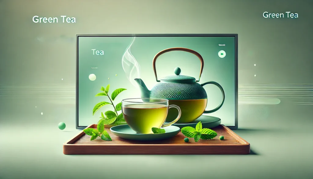 A serene setup of a steaming cup of green tea accompanied by a teapot and fresh mint leaves on a sleek wooden tray. The softly lit background evokes relaxation, emphasizing green tea’s role in enhancing focus and energy.