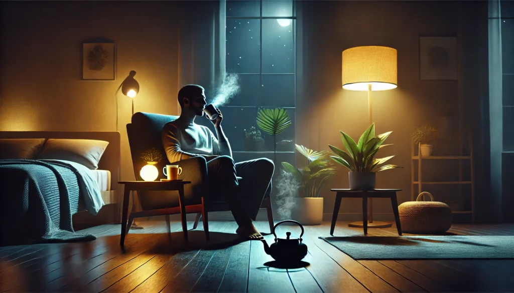 A nighttime scene of a cozy living room featuring a person sipping herbal tea on a comfortable chair. The room is softly lit by a floor lamp, with a small table holding a steaming cup and a potted plant nearby, emphasizing a calming pre-sleep routine to reduce movement during sleep.