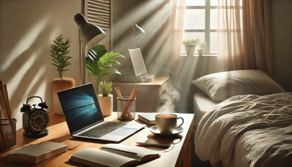 A calm workspace with a neatly arranged desk, a laptop, a steaming cup of tea, and soft natural light streaming through a window, symbolizing enhanced productivity and focus through proper sleep hygiene.