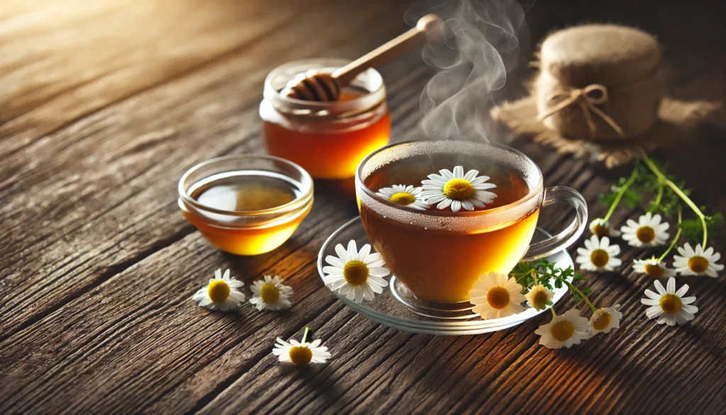 A steaming cup of chamomile tea on a rustic wooden table, complemented by a dish of honey and a sprig of chamomile flowers, evoking tranquility and promoting pre-sleep relaxation.