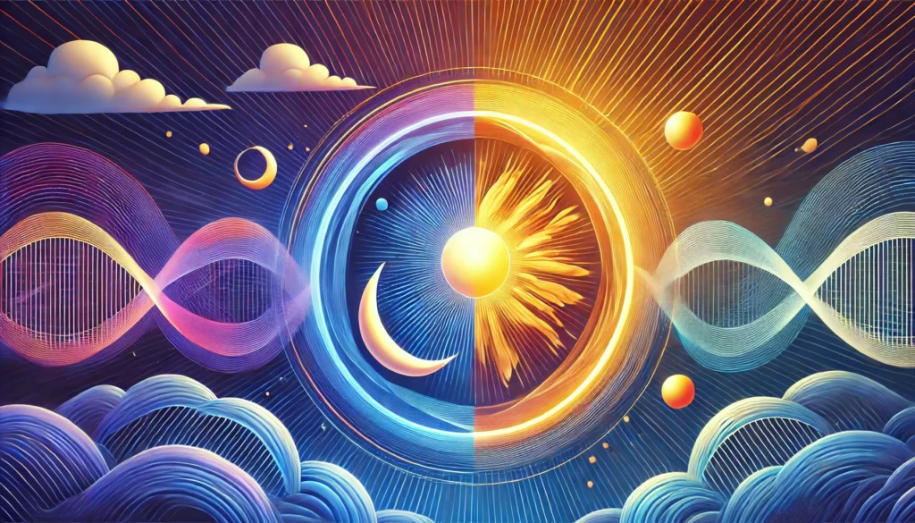 An abstract representation of circadian rhythms, featuring a glowing cycle with elements of the sun and moon. The design’s vibrant colors and smooth transitions symbolize the natural harmony of the sleep-wake cycle.