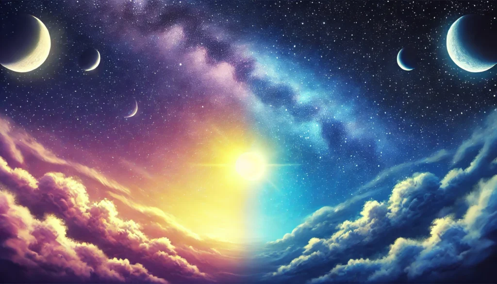 A serene text-free depiction of a night sky transitioning from day to night, symbolizing circadian rhythms and the natural biological sleep-wake cycle.