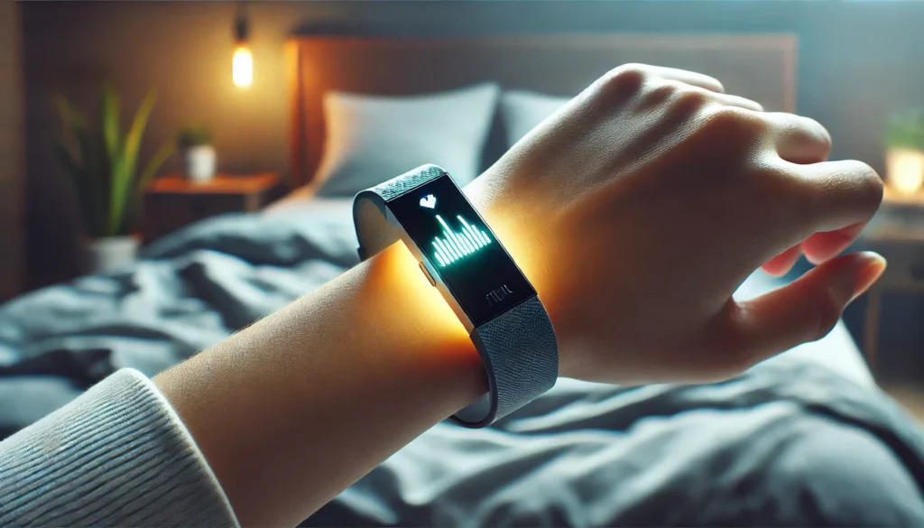 A close-up of a glowing smart sleep tracking device on a wrist in a serene bedroom. The background features a neatly arranged bed, soft ambient lighting, and minimalist decor, emphasizing a modern and peaceful wellness environment without any logos or branding.