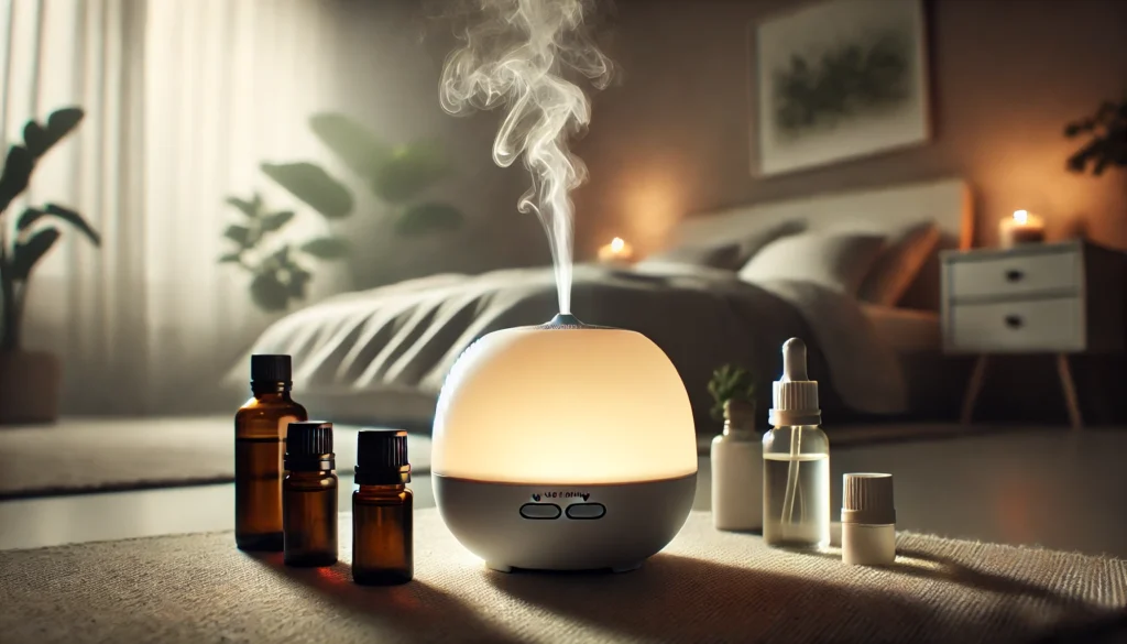 A close-up of an ultrasonic diffuser emitting a gentle mist, surrounded by essential oil bottles. The softly lit background reveals a minimalist bedroom with subtle greenery, highlighting the use of aromatherapy for relaxation and sleep.