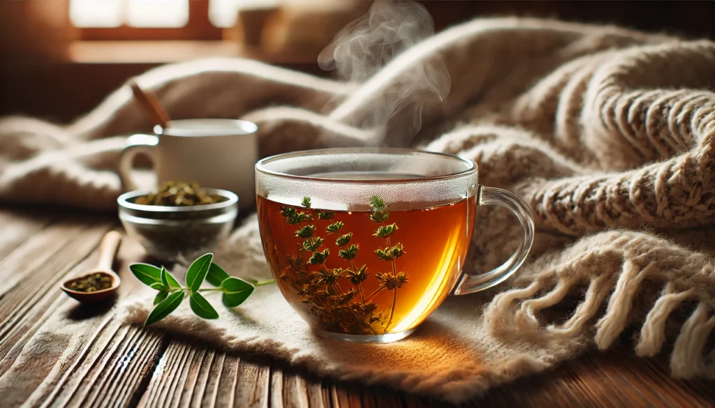 A close-up of steaming herbal tea in a transparent glass cup on a wooden table, with a soft blanket in the background, evoking warmth, comfort, and relaxation.