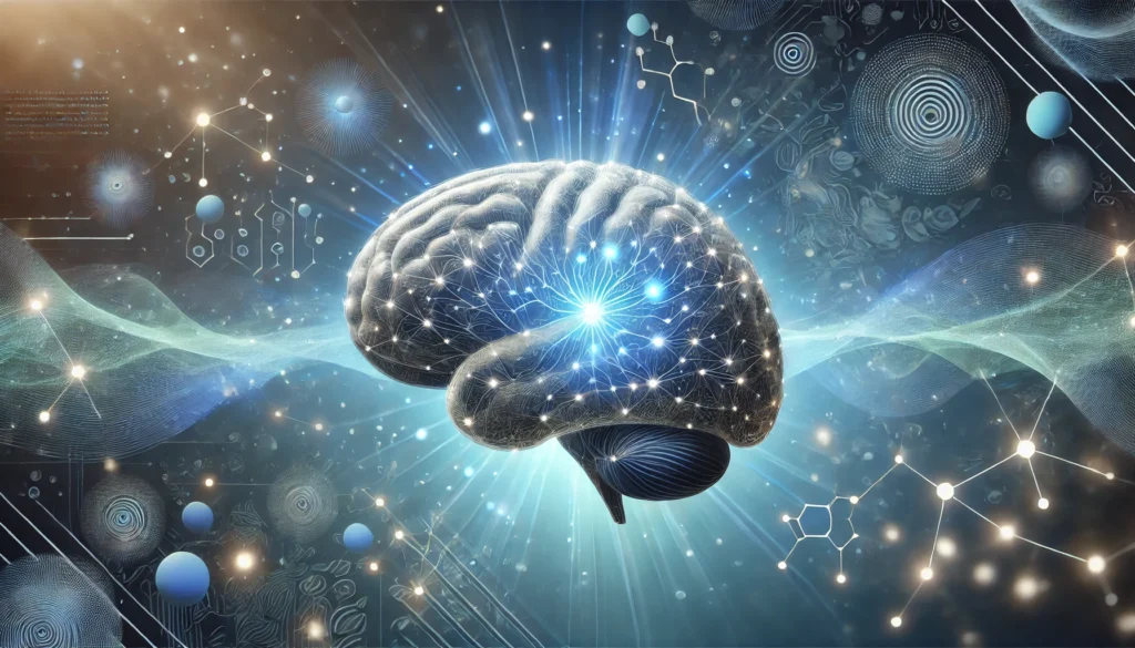 A conceptual illustration of a glowing brain with highlighted neural connections, surrounded by calming blue tones and abstract patterns, symbolizing the role of sleep hygiene in enhancing mental clarity and overall brain health.