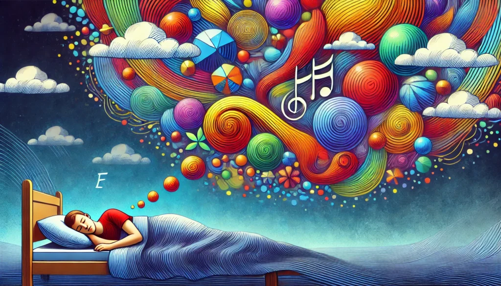 A vivid conceptual illustration of REM sleep showing a person peacefully sleeping with a dream bubble filled with abstract, colorful imagery representing creativity and emotions, without any text.