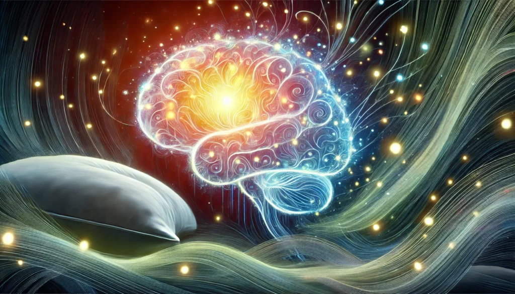 An abstract artistic representation of the brain during deep sleep, showcasing glowing neural pathways and calming hues symbolizing cognitive restoration and emotional regulation during nine hours of rest.