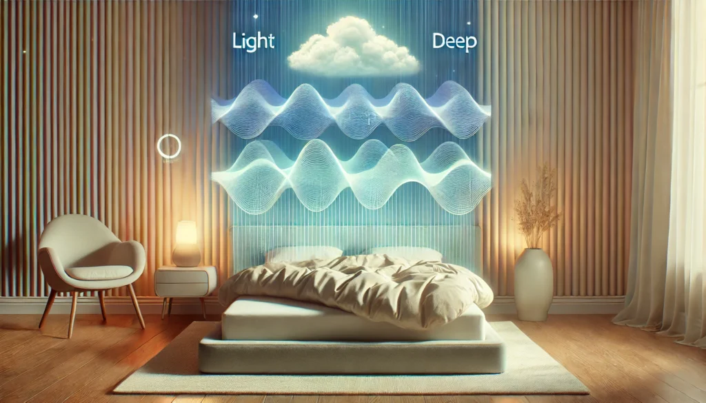 A stylized representation of sleep stages inspired by wearable sleep tracking data, featuring glowing, layered waves symbolizing light, deep, and REM sleep phases. The serene modern bedroom setup beneath emphasizes tranquility with soft hues and futuristic design elements.