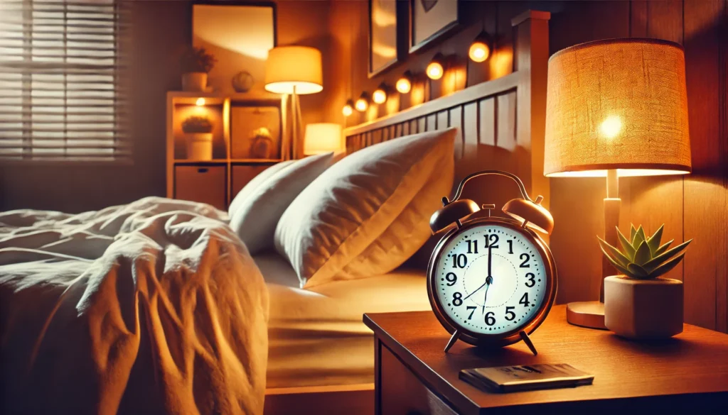 A cozy bedroom featuring warm lighting, a comfortable bed, and a digital alarm clock displaying an early bedtime, emphasizing optimal sleep habits and a tranquil environment.