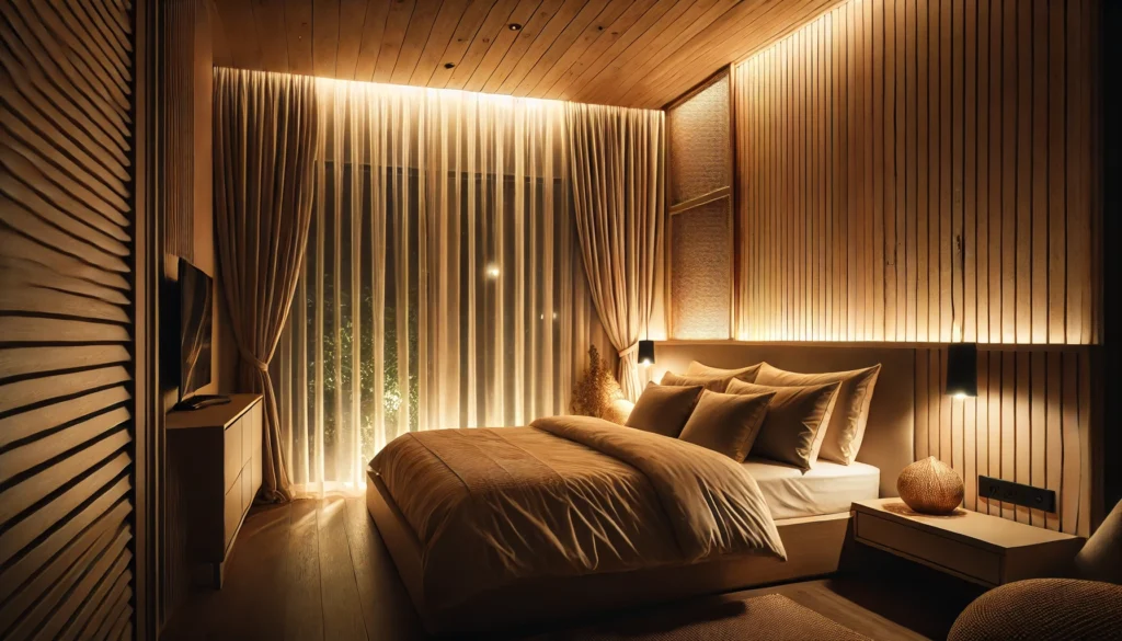 A serene bedroom illuminated by warm, ambient lighting, featuring a comfortable bed with soft curtains. The tranquil setting promotes relaxation and aligns with healthy circadian rhythm habits.