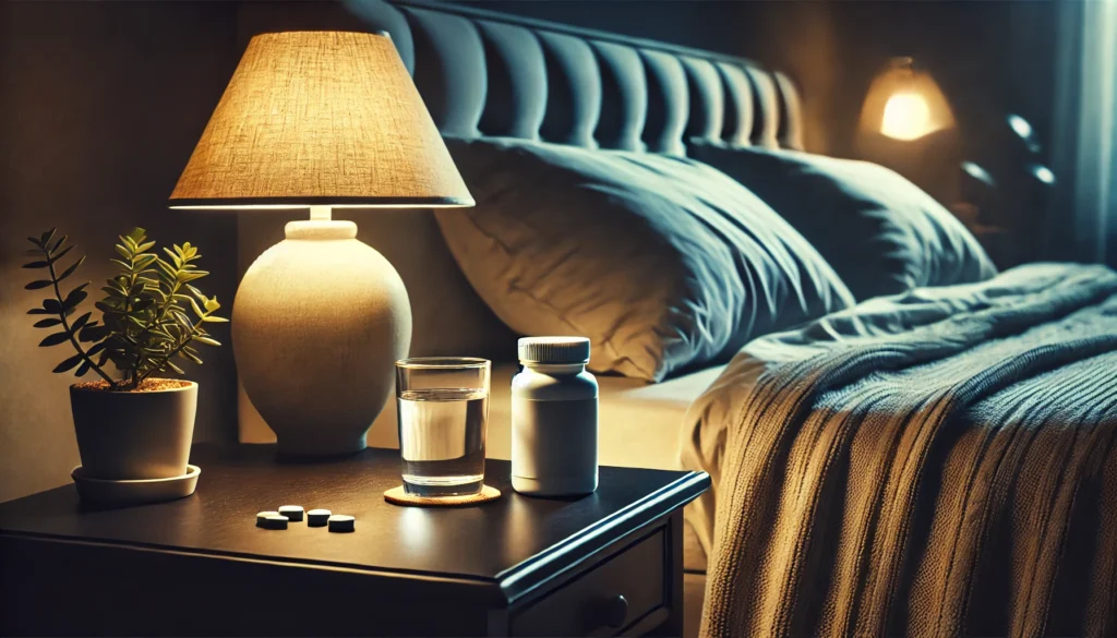 A nighttime bedroom featuring a bed with soft linens, a bedside table holding a generic pill bottle, a glass of water, and a dimly glowing lamp, creating a relaxing and inviting atmosphere for sleep.