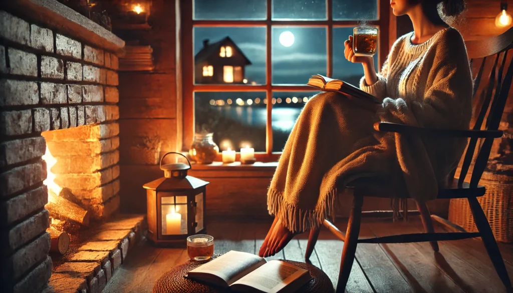 A serene evening scene of a person wrapped in a blanket, holding herbal tea, seated by a window with a book. Warm lighting fills the room, and the window offers a tranquil view of the moonlit night.