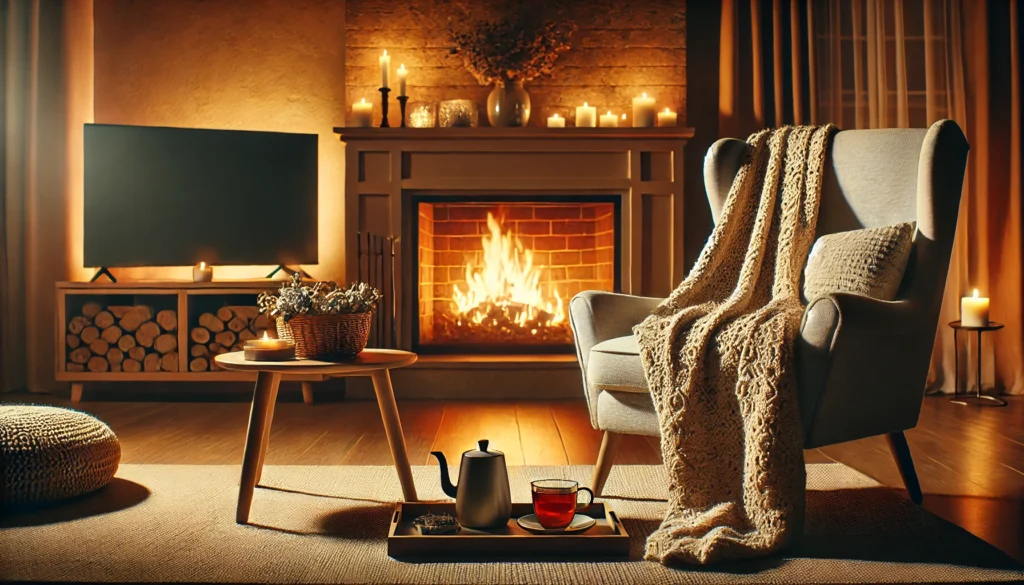 A cozy evening setting featuring a comfortable chair draped with a warm blanket, a cup of tea on a small table, and a flickering fireplace casting soft ambient light. The room's natural tones and elements create a relaxing atmosphere, perfect for winding down and preparing for restful sleep.