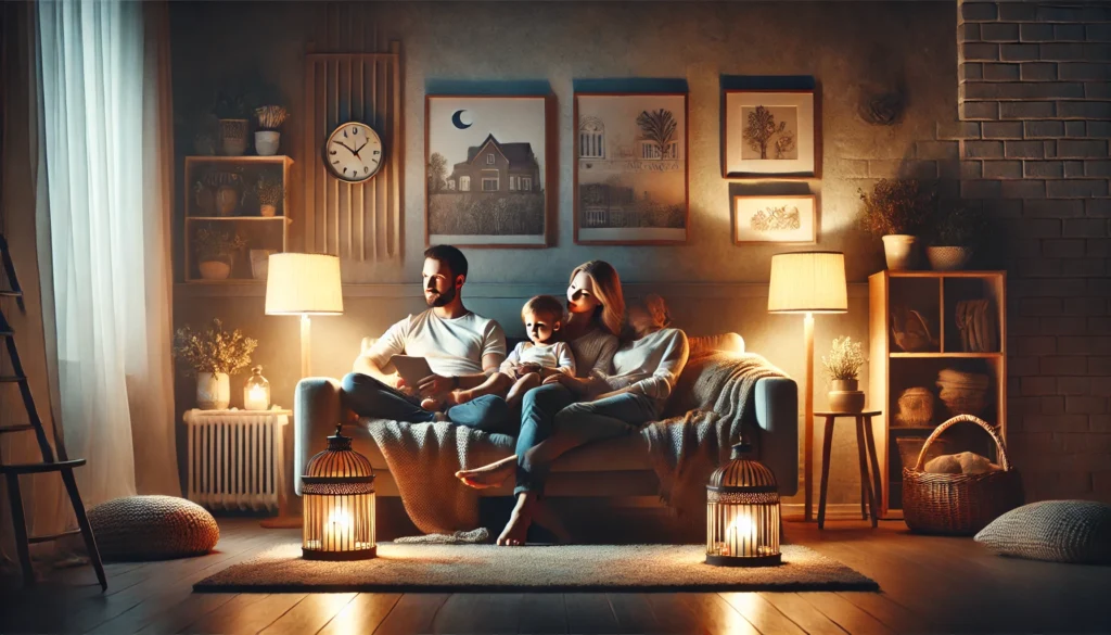 A dimly lit family living room in the evening, featuring soft lamps and a family relaxing on a couch. The cozy ambiance promotes unwinding before bedtime and fostering healthy sleep habits.