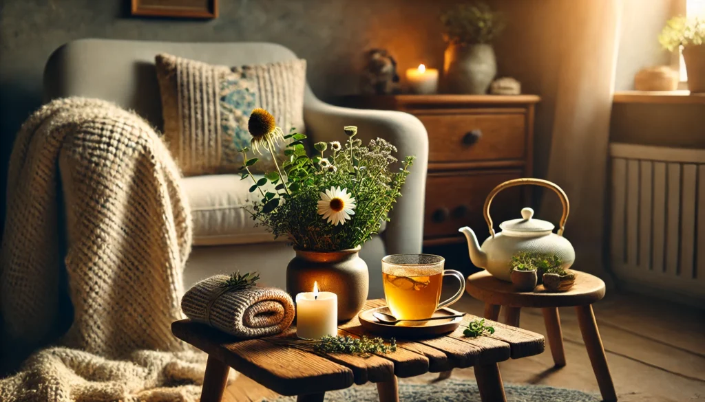 A tranquil living room corner featuring a soft armchair, a small wooden table with glass mugs of herbal teas, fresh chamomile and passionflower herbs, and a lit candle. Warm ambient lighting adds to the serene atmosphere.