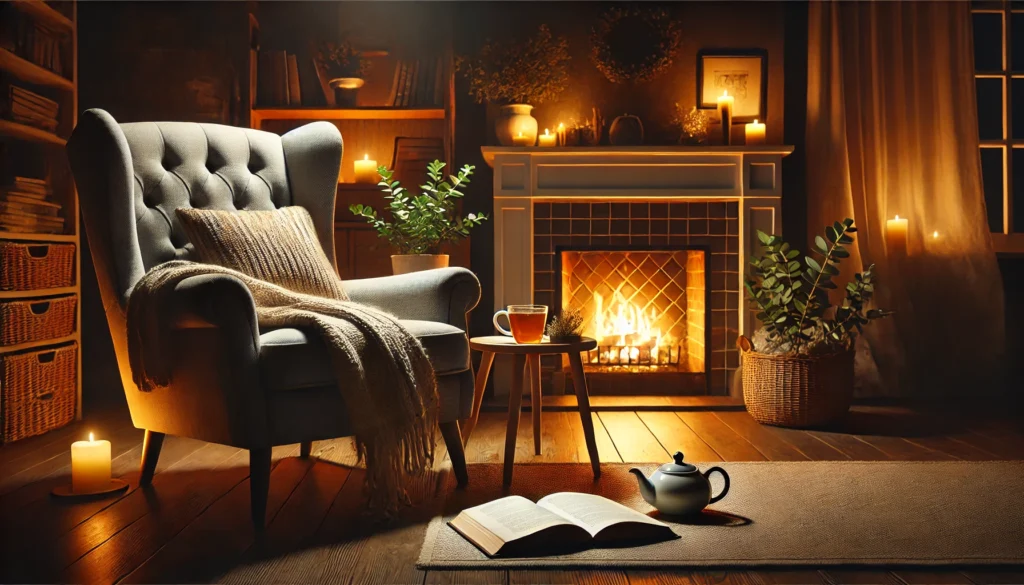 A cozy living room at night with a comfortable armchair near a lit fireplace. The room is softly illuminated by the fire's warm glow, featuring a small table with an open book and a cup of herbal tea, creating a peaceful and inviting space ideal for unwinding before sleep.