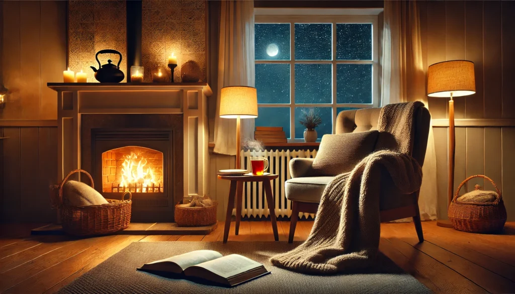 A warm living room with a crackling fireplace, a plush armchair draped with a soft throw, and a wooden side table holding tea and an open book. The scene is illuminated by soft lamp lighting, with large windows showcasing a starry night sky.