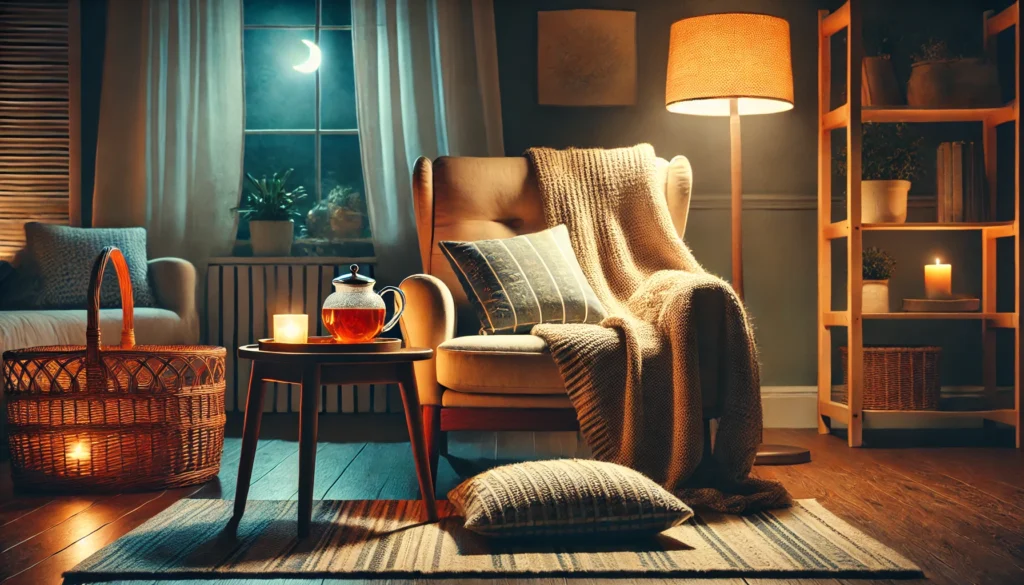 A cozy pre-sleep setup in a living room featuring a plush armchair with a blanket and pillow, a small side table with a steaming cup of herbal tea, and soft lighting from a nearby floor lamp. The tranquil ambiance is perfect for unwinding before deep sleep.