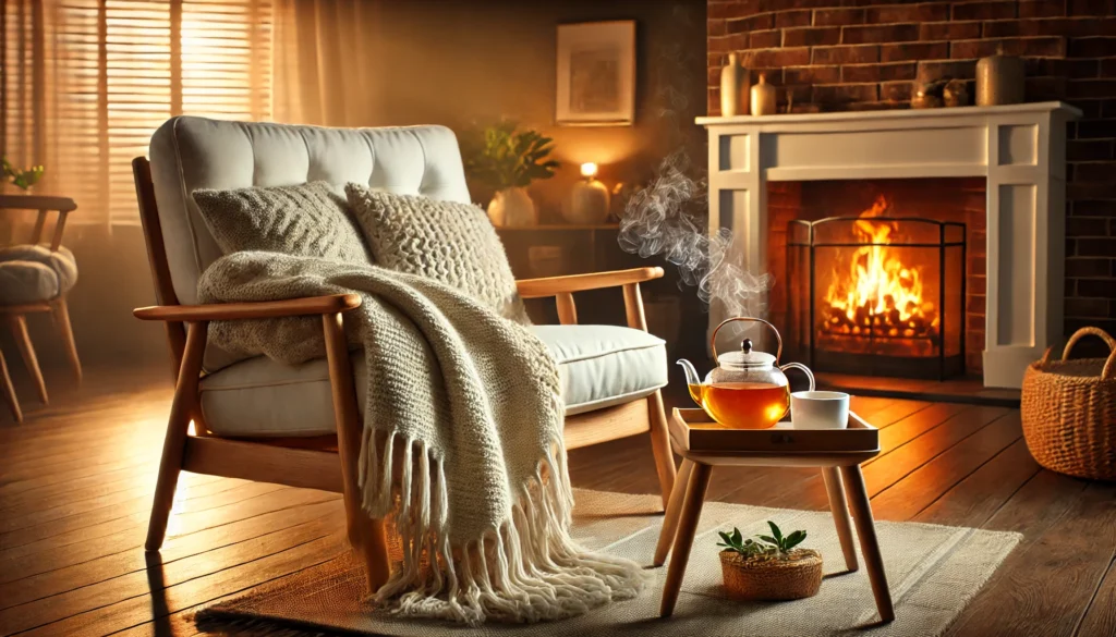 A cozy living room with a comfortable armchair draped in a blanket, a steaming cup of herbal tea on a wooden side table, and a softly glowing fireplace, creating a calming pre-sleep atmosphere.