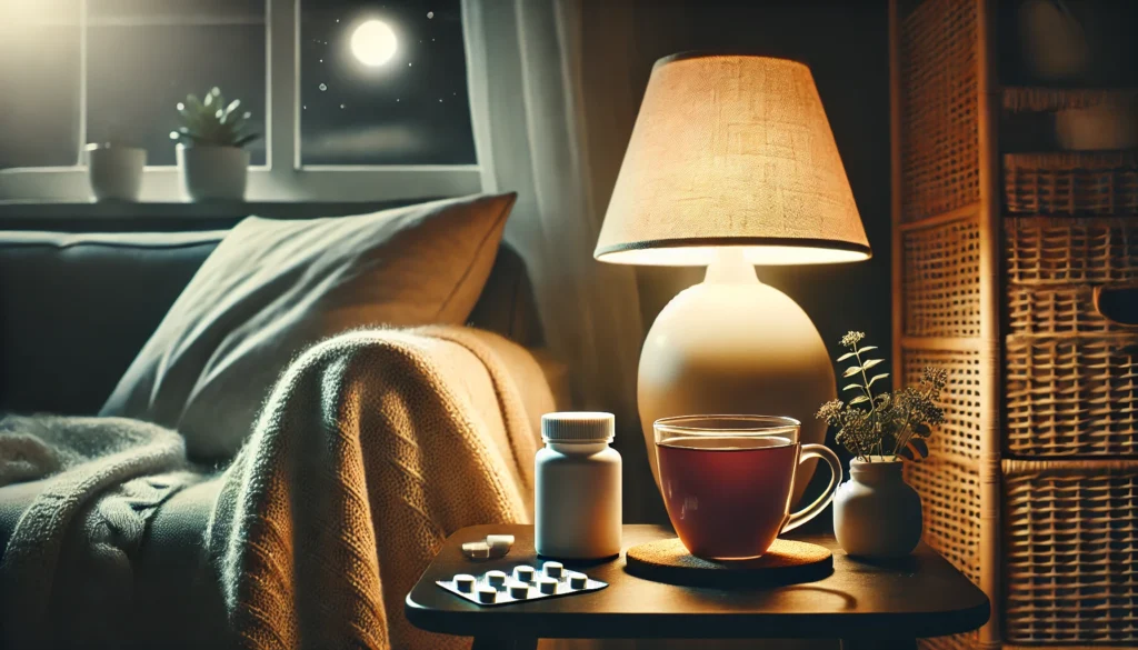 A cozy nighttime living room with a small table holding a cup of herbal tea, a generic pill bottle, and a softly glowing lamp, creating a calming and peaceful ambiance.