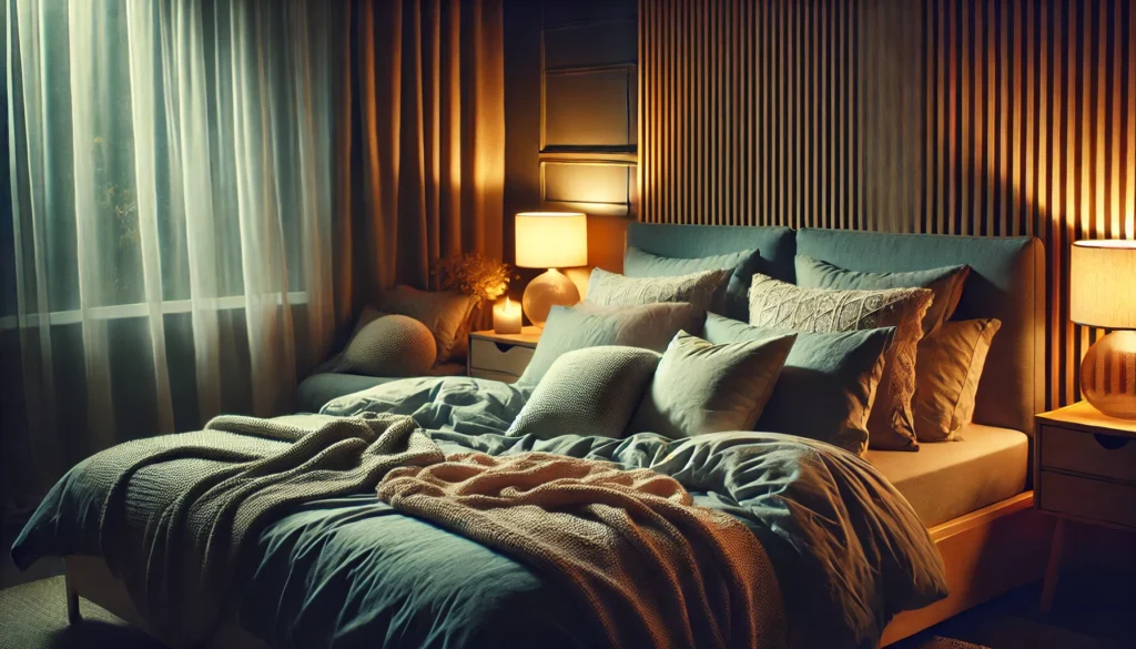 A tranquil bedroom at night with dim lighting, a neatly arranged bed, and soft blankets, creating a calm and relaxing atmosphere ideal for restorative sleep. No text or human figures.