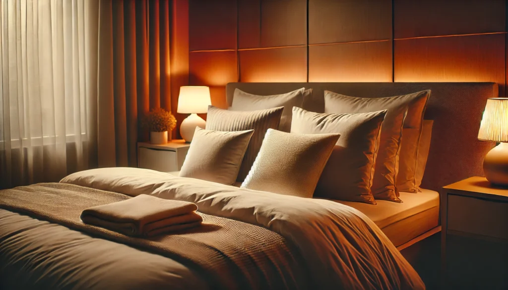 A tranquil bedroom scene featuring a neatly arranged bed with soft pillows and a fluffy duvet. The room is softly lit with warm ambient lighting and subtle decor, creating a peaceful environment for restful sleep.