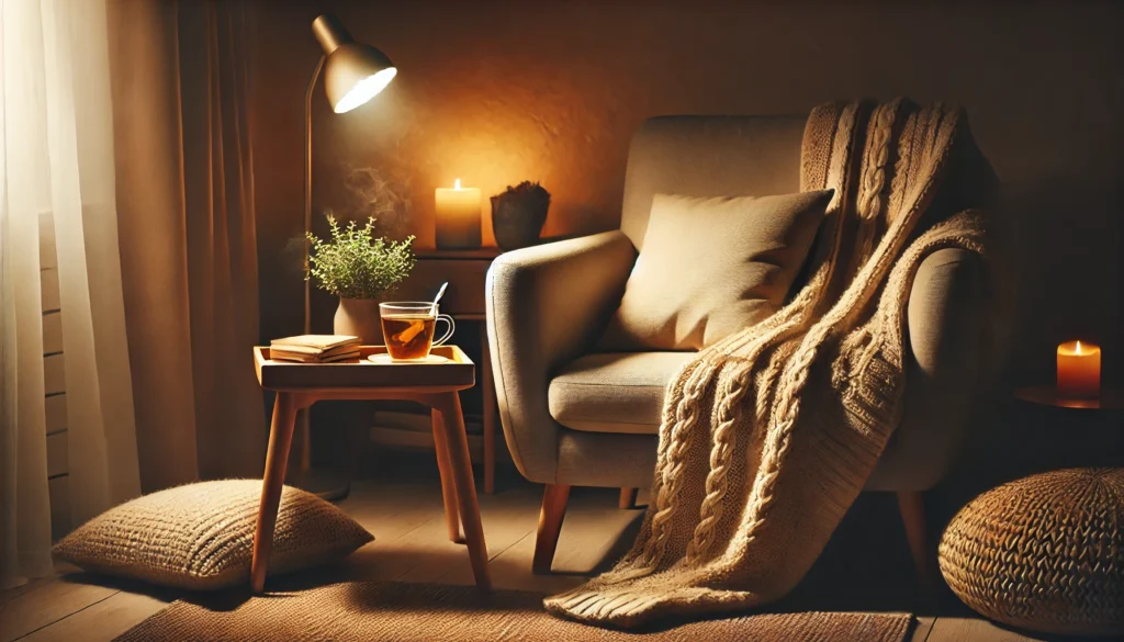 A warm and inviting reading corner with a soft armchair, a blanket draped over it, and a small wooden side table holding a cup of herbal tea. The soft glow of ambient lighting creates a tranquil environment ideal for winding down and promoting sleep consolidation, free of text or overlays.