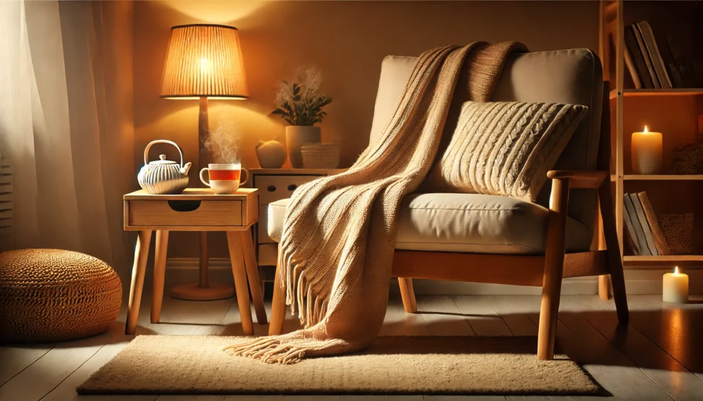 A warm and inviting reading corner with a soft armchair, a blanket draped over it, and a small wooden table holding a steaming cup of tea. The area is softly illuminated by a nearby lamp, creating a peaceful environment ideal for relaxation and fostering healthy sleep habits, free of text or overlays.