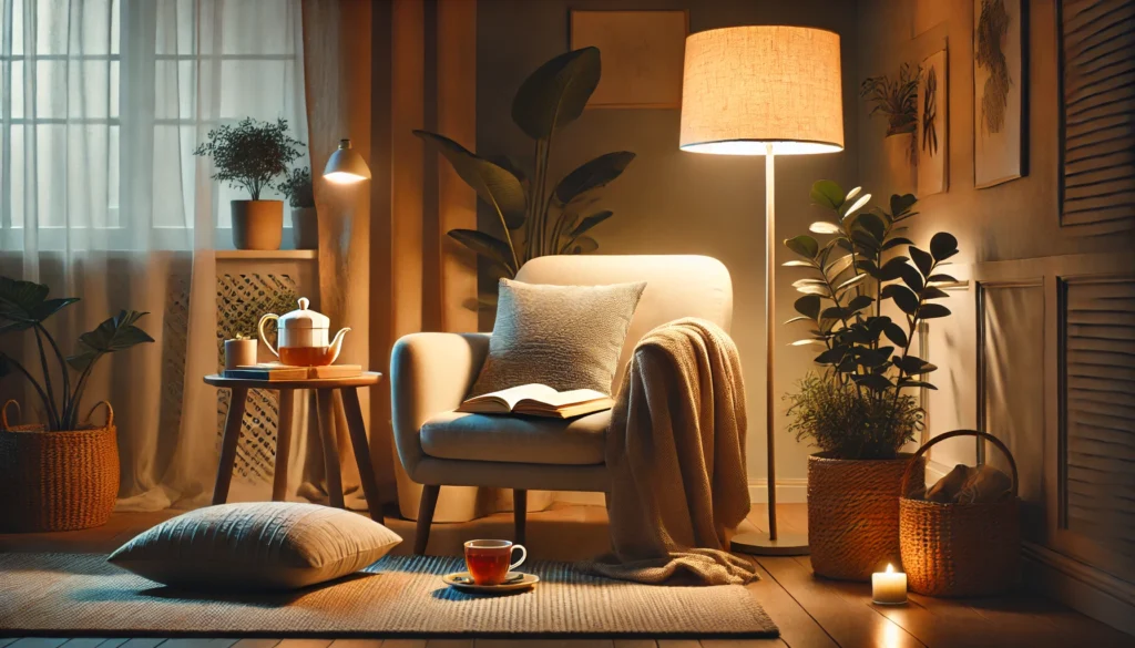 A relaxing evening scene with a comfortable armchair, a side table holding a cup of tea and a book, and warm lighting from a floor lamp. Surrounded by potted plants and neutral tones, the space is ideal for unwinding before sleep.