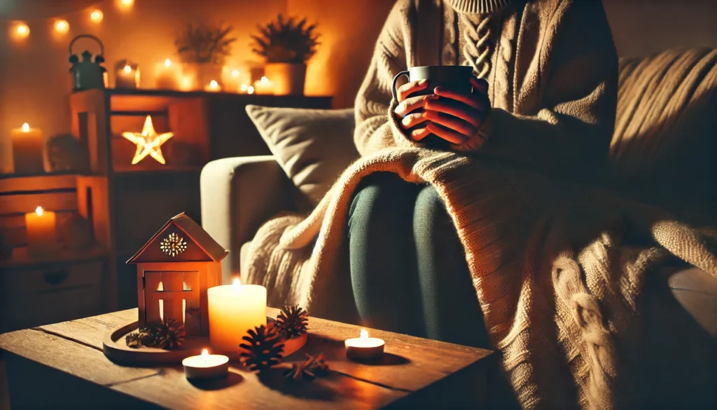 A person sitting on a cozy couch under soft lighting, wrapped in a blanket and sipping a hot drink. The warm and relaxed setting emphasizes recovery and self-care after a long, sleepless night.