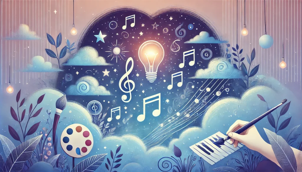 A whimsical night sky filled with glowing lightbulbs, paintbrushes, and musical notes, symbolizing the creative mind at work during late hours. The serene illustration uses soft blue and purple tones to evoke inspiration and imagination.