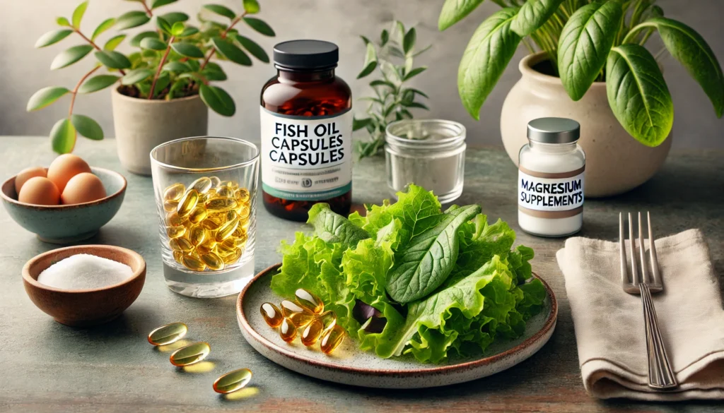 A serene composition featuring a glass of fish oil capsules, a plate of fresh leafy greens, and a bottle of magnesium supplements, placed on a wooden countertop, representing dietary support for mental health.