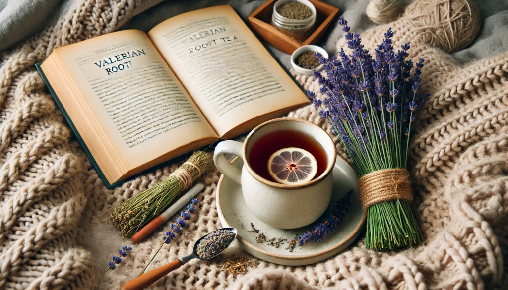 A calming flat-lay featuring valerian root tea in a ceramic mug, an open book, and a small bouquet of lavender, set on a cozy knit blanket, symbolizing natural remedies for relaxation and anxiety relief.