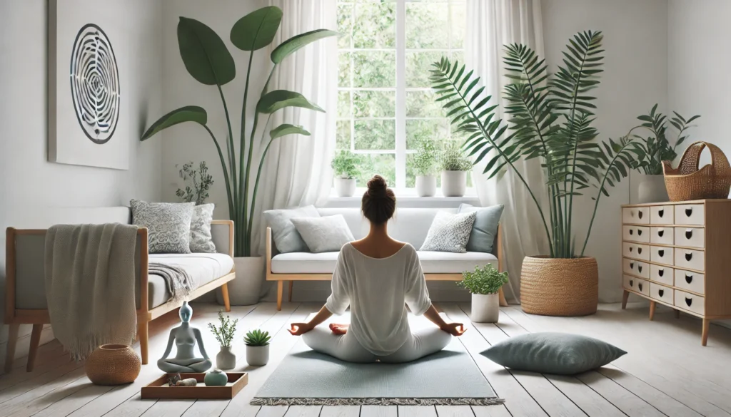 A calming yoga session in a serene indoor setting, illustrating the benefits of physical activity and mindfulness for anxiety relief.