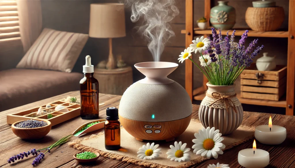 A soothing aromatherapy setup with a diffuser and lavender oil, highlighting the use of natural remedies for managing anxiety.