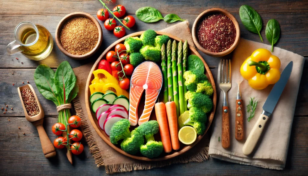 A vibrant and balanced meal featuring salmon, quinoa, and colorful vegetables neatly arranged on a rustic wooden table, symbolizing the role of nutrition in mental health.