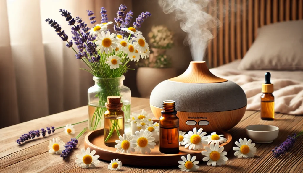 A cozy aromatherapy setup with a diffuser emitting soft mist, a bottle of lavender essential oil, and chamomile flowers arranged on a wooden table. Suitable for illustrating natural anxiety relief remedies.