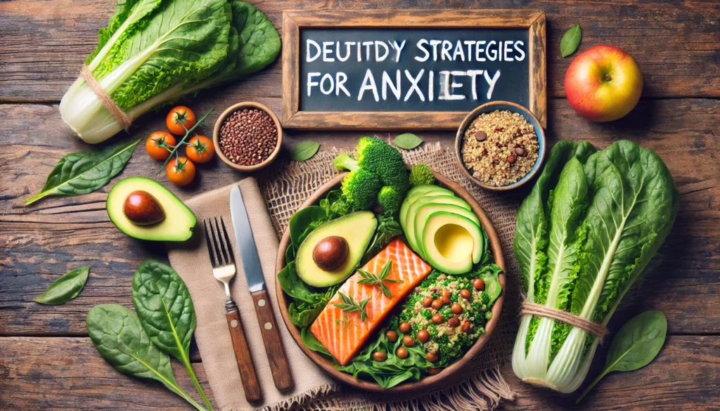 A vibrant and healthy meal featuring leafy greens, quinoa, avocado, and grilled salmon, neatly arranged on a rustic wooden table, symbolizing the role of nutrition in managing anxiety. Suitable for illustrating dietary strategies for anxiety relief.