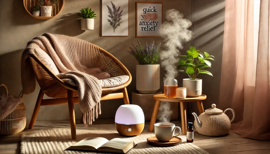  A cozy corner setup for quick anxiety relief, featuring a comfortable chair, a soft blanket, a steaming cup of herbal tea, a small potted plant, an essential oil diffuser emitting calming lavender mist, and a mindfulness book, softly lit by natural sunlight.