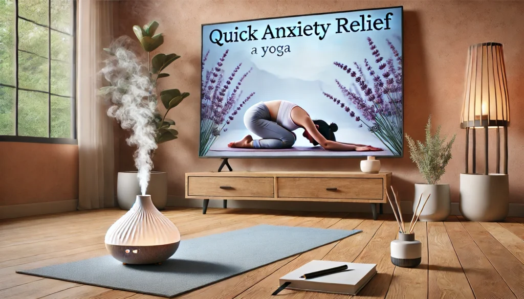 A serene setup for quick anxiety relief, featuring a yoga mat with a person in Child’s Pose practicing deep breathing, a diffuser emitting lavender mist, and a journal with a pen placed nearby, all in a well-lit room with natural tones.