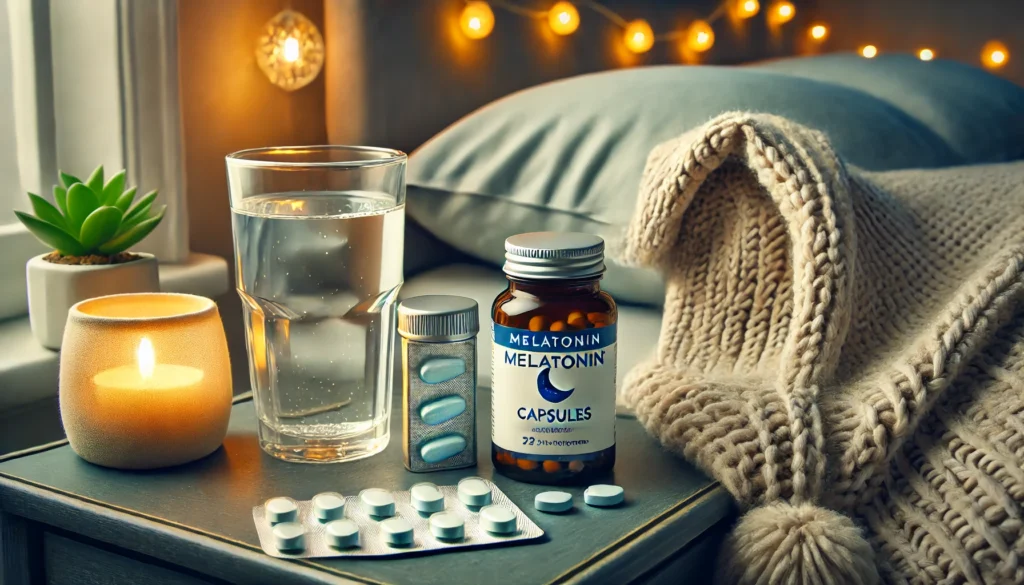 A serene bedside table setup showcasing effective sleep anxiety remedies, including a melatonin bottle, pill organizer, and a glass of water, complemented by soft lighting and a cozy knitted blanket.