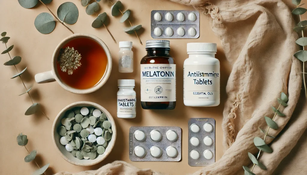 A wellness-themed flat-lay with over-the-counter sleep anxiety remedies, including melatonin, antihistamine tablets, and essential oils, set against a calming backdrop of eucalyptus leaves, warm tea, and soft linen fabric.