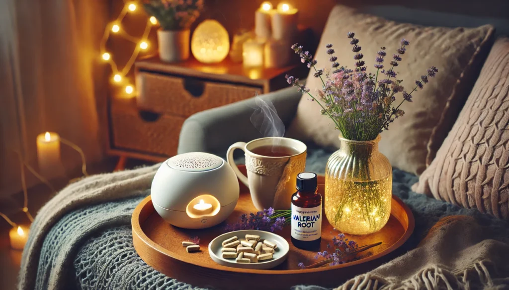 A cozy evening setup with chamomile tea, valerian root capsules, and a lavender essential oil diffuser on a wooden tray, surrounded by soft fairy lights and a comfortable chair for a relaxing atmosphere.