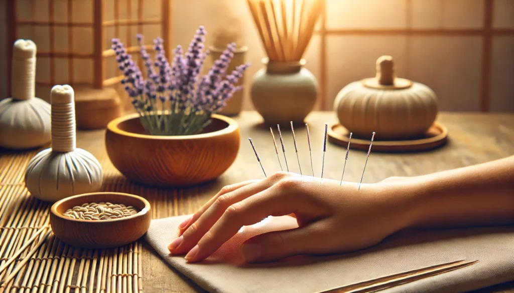 A calming acupuncture session close-up showing needles placed on the hand of a relaxed individual, with a softly lit background and natural decor elements like bamboo and lavender flowers for a peaceful atmosphere.