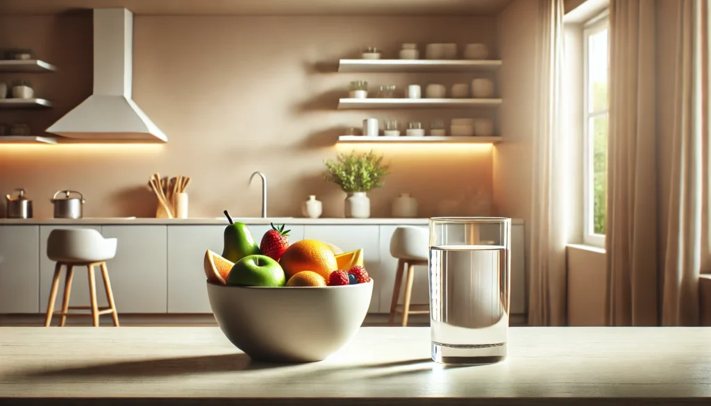 A minimalistic kitchen counter featuring a glass of water and a bowl of colorful fruits, illuminated by soft, warm lighting, emphasizing natural ingredients and wellness for cognitive enhancement.