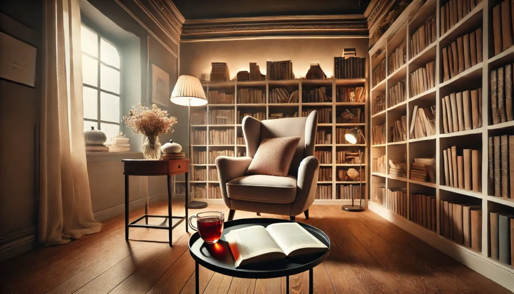 A cozy reading corner with a plush armchair, an open book on a side table alongside a cup of tea, and a bookshelf in the background, creating a serene and intellectual atmosphere for relaxation and mental focus.